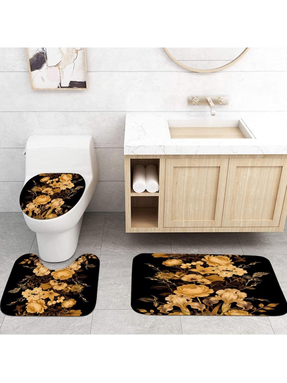 Black & Gold Floral Luxe 3-Piece Bath Rug Set